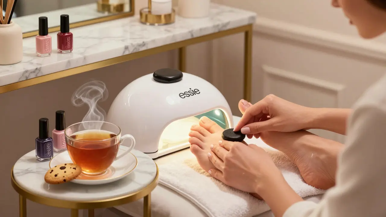 Luxusní pedikúra v Praze s masáží horkými kameny, parafínem a lakem pod UV lampou, čaj a koláčky na stole.