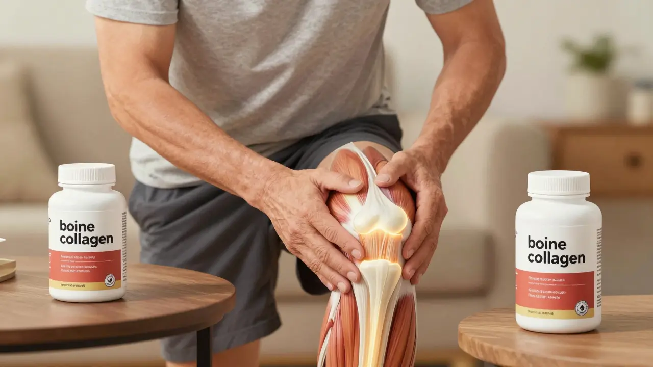 Muž si protahuje koleno, zatímco vedle něj leží doplněk hovězího kolagenu.