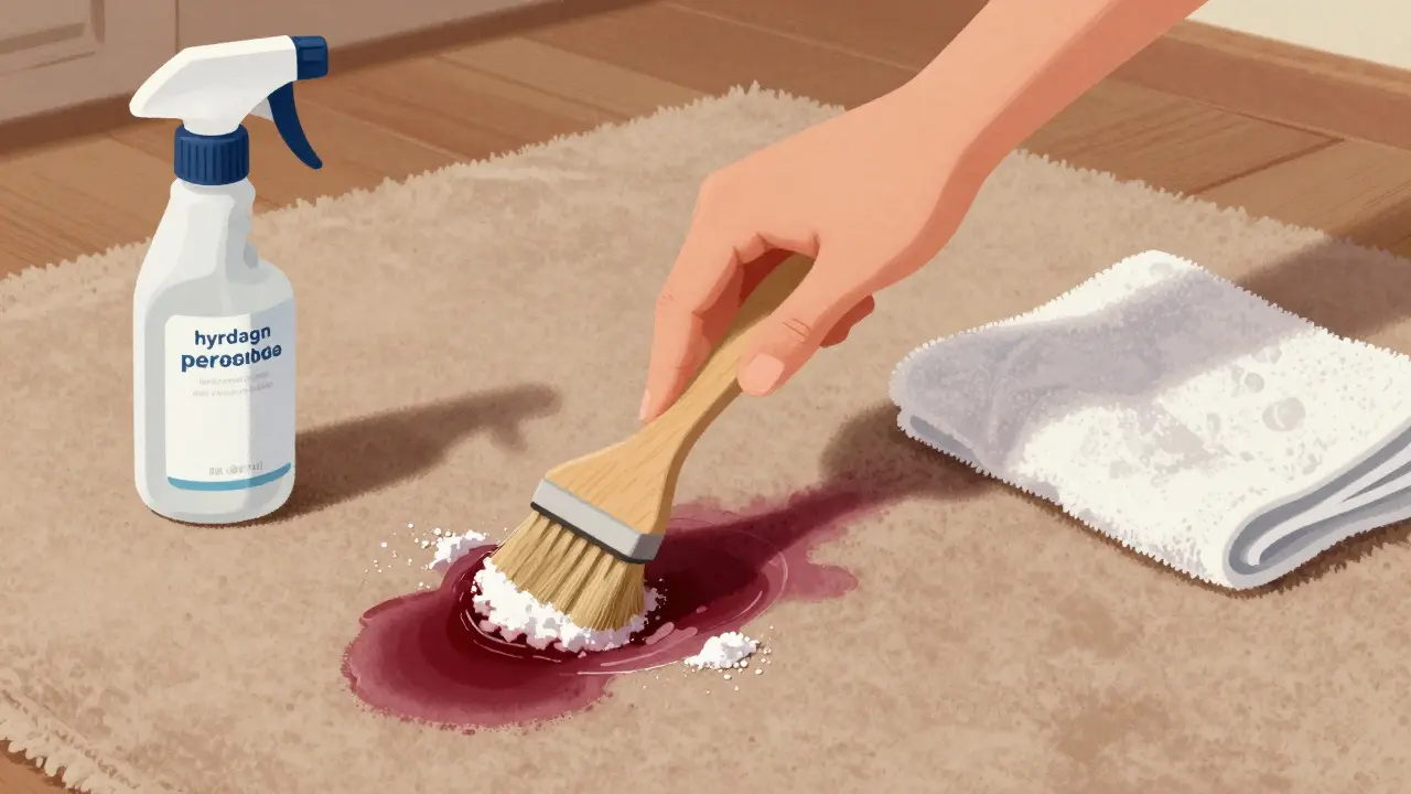 Pasta z vodíku peroxidu a sody se aplikuje na skvrnu od vína na koberci.