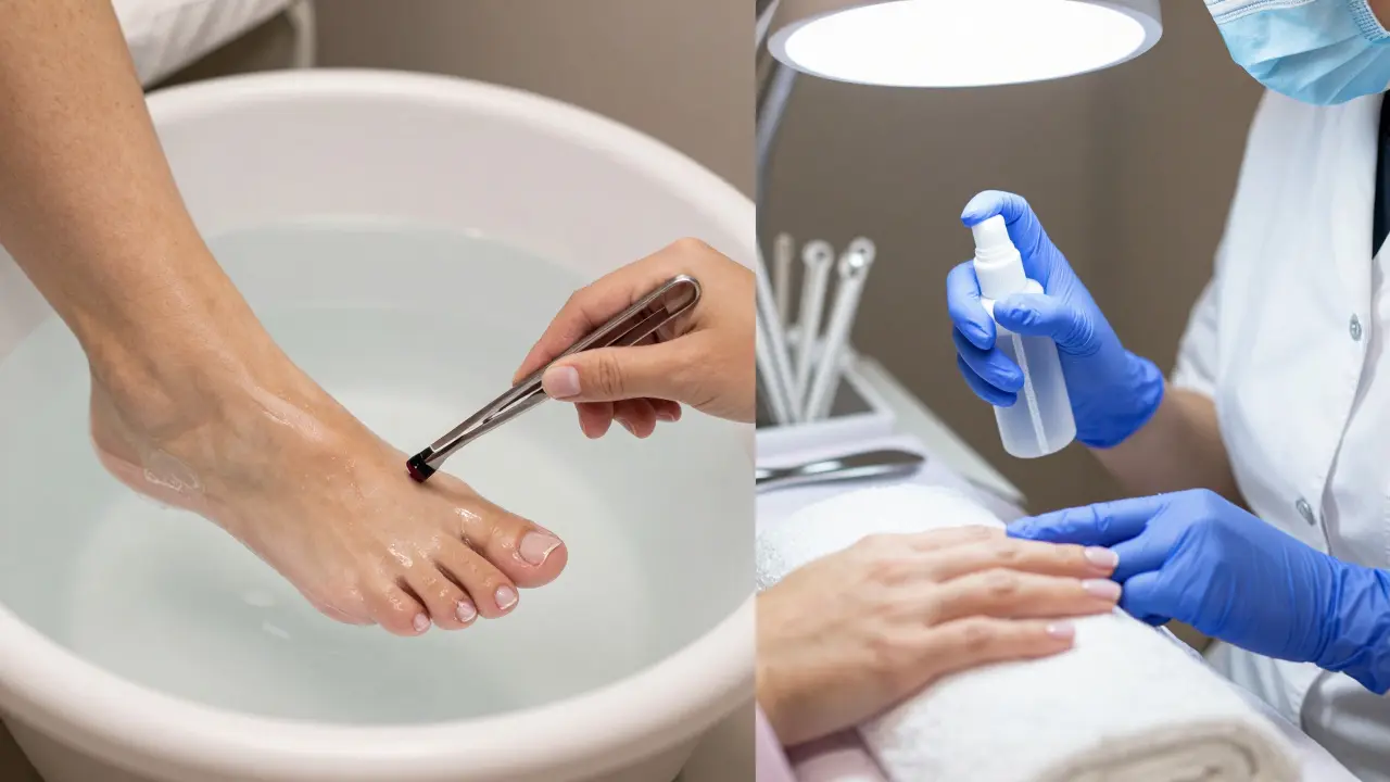 Porovnání levné a kvalitní pedikúry: špatná hygiena vlevo, čisté nástroje a bezpečná praxe vpravo.