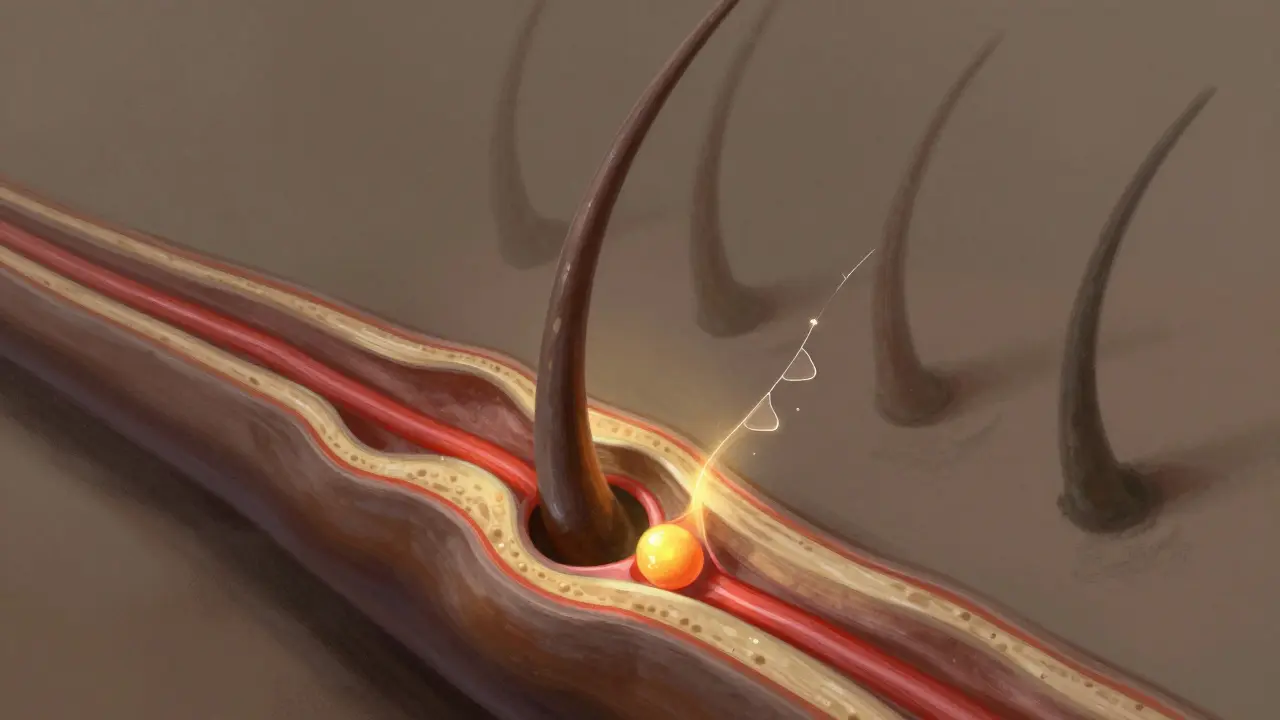Přehled vlasového folikulu s přítokem živin z krve, zatímco poškozené folikuly zanikají ve stínu.