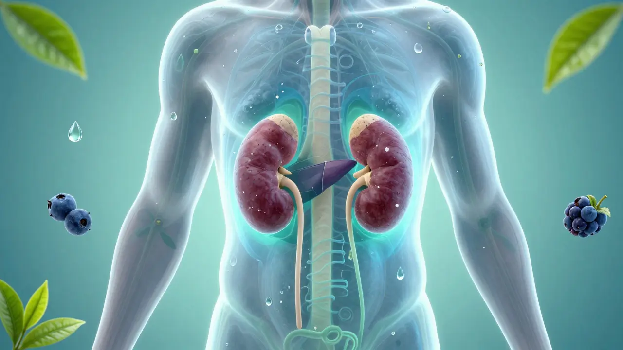 Průhledný lidský organismus s cestami detoxikace skrz ledviny, kůži a játra, doprovázený vodou a zeleninou.