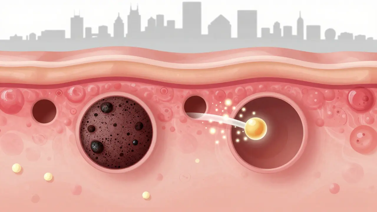 Průřez kůže s uvolňováním zácpy salicylovou kyselinou a městským pozadím