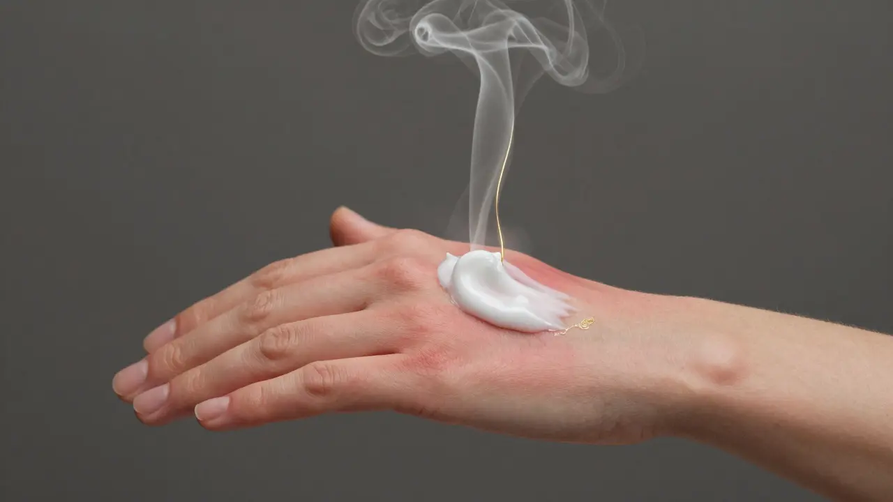 Ruka aplikuje krém na červenou pokožku, škodlivé látky se mění v kouř.