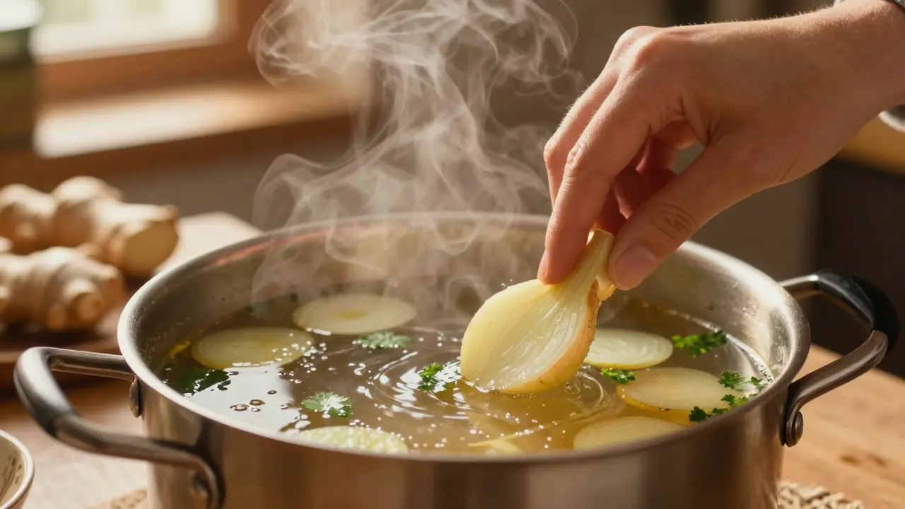 Ruky míchají vývar s křenem, cibulí a petrželkou.