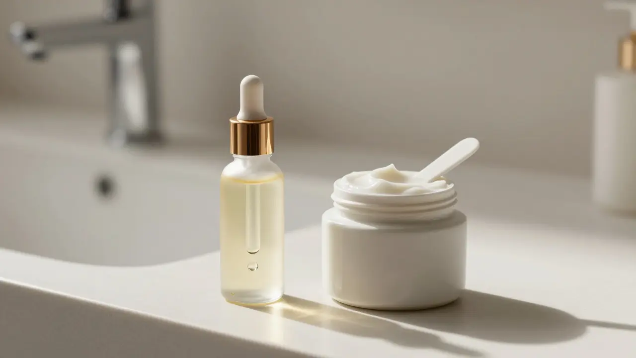 Sérum a krém na koupelnové lavici s drožkem a lžičkou v ranním světle.