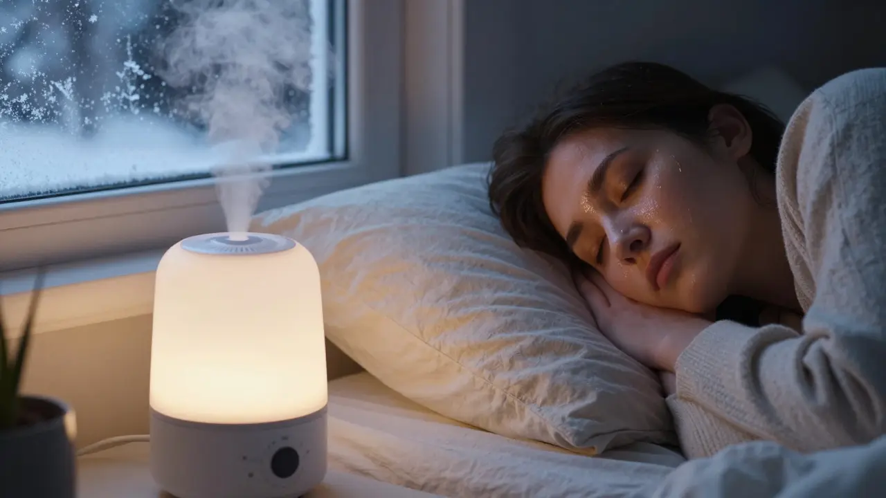 Spící osoba s humidifikátorem a olejem na obličeji v zimním pokoji.