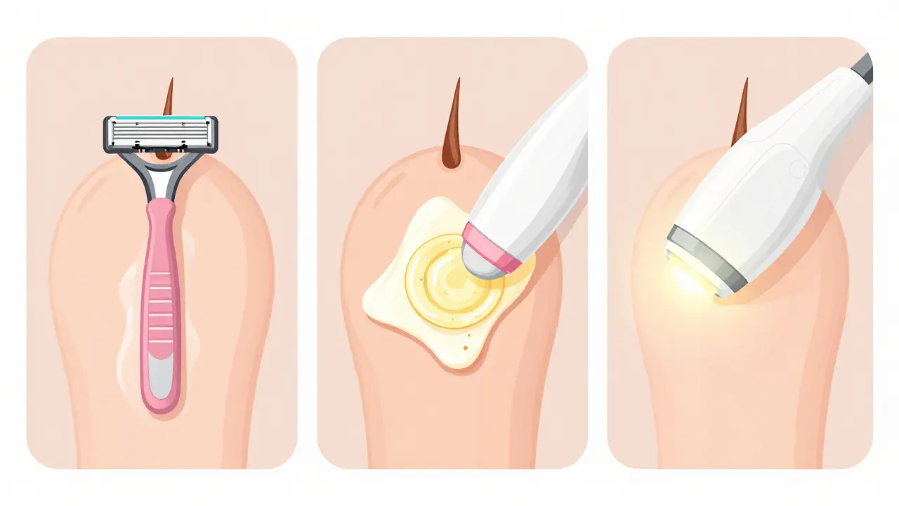 Tři metody odstraňování vlasů na těle: holení, vosk a laser, znázorněné vedle sebe s anatomickými detaily.