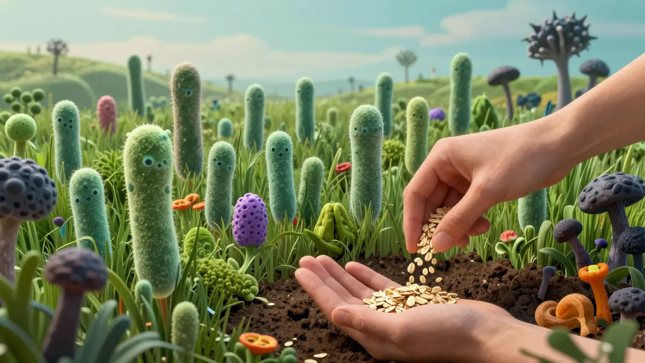 Vnitřní ekosystém střev s rozkvétajícími laktobacily a prebiotickými potravinami.