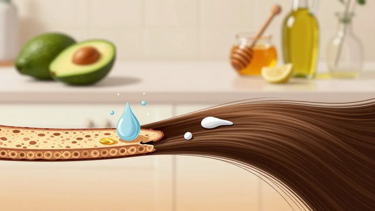 Vnitřní řez vlasem: poškozená kůžová vrstva vs. hydratovaný vlas s přírodními složkami.