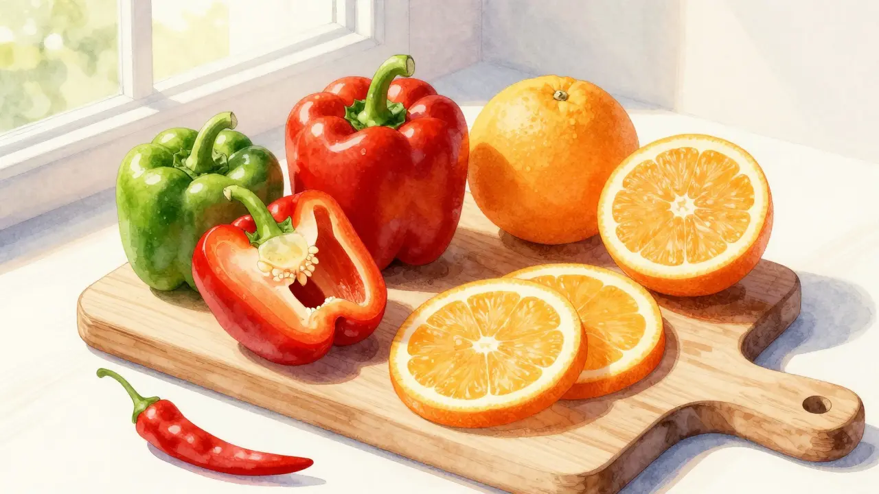 Vodová ilustrace pomerančů a červené papriky na stole s přírodním světlem.