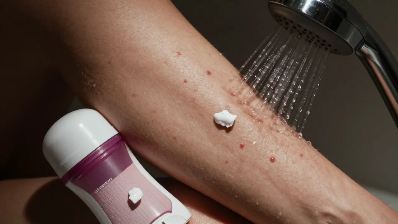 Zčervenalá pokožka s pupínky vedle deodorantu a těsného prádla.