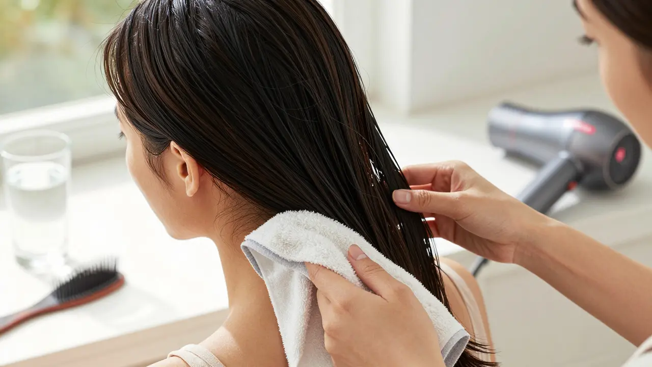 Žena aplikuje arganový olej na končinky vlasy, sluneční světlo a mikrovláknový ručník na pozadí.