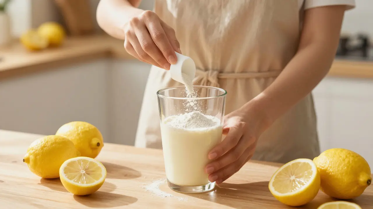 Žena připravuje smoothie s kolagenem a citronem v kuchyni