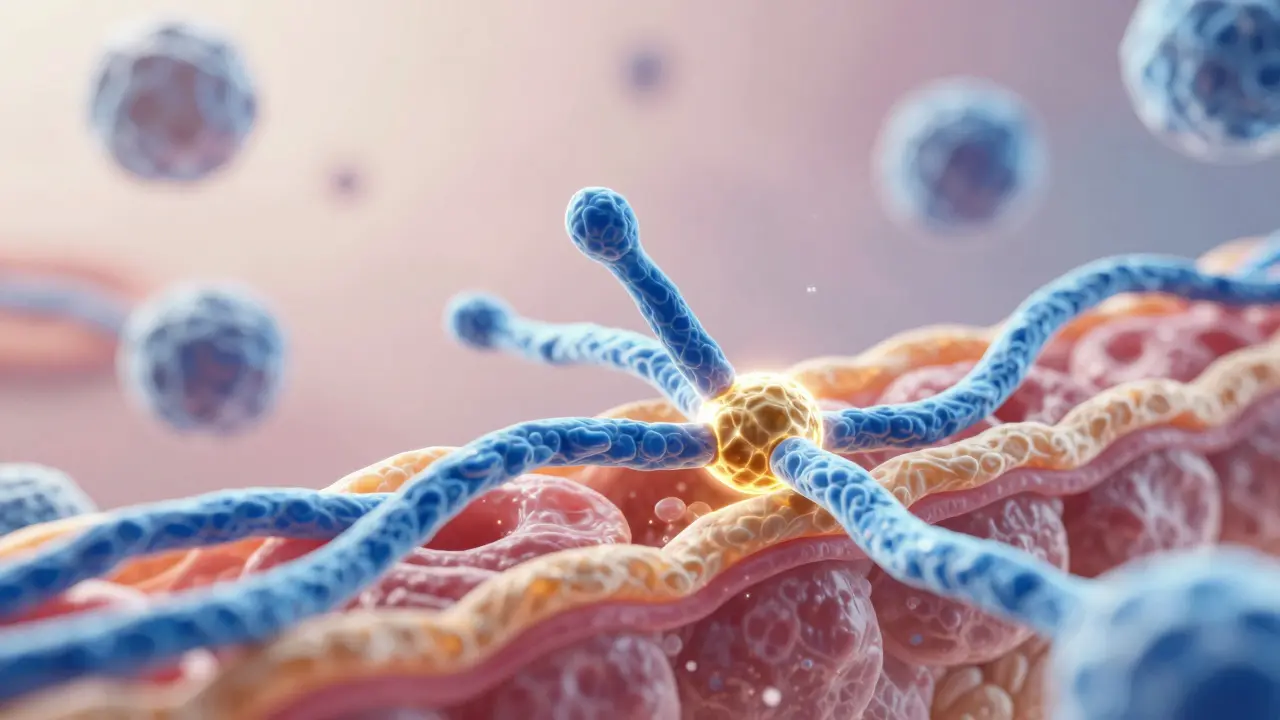 3D zobrazení molekulární struktury kolagenu v lidské tkáni.
