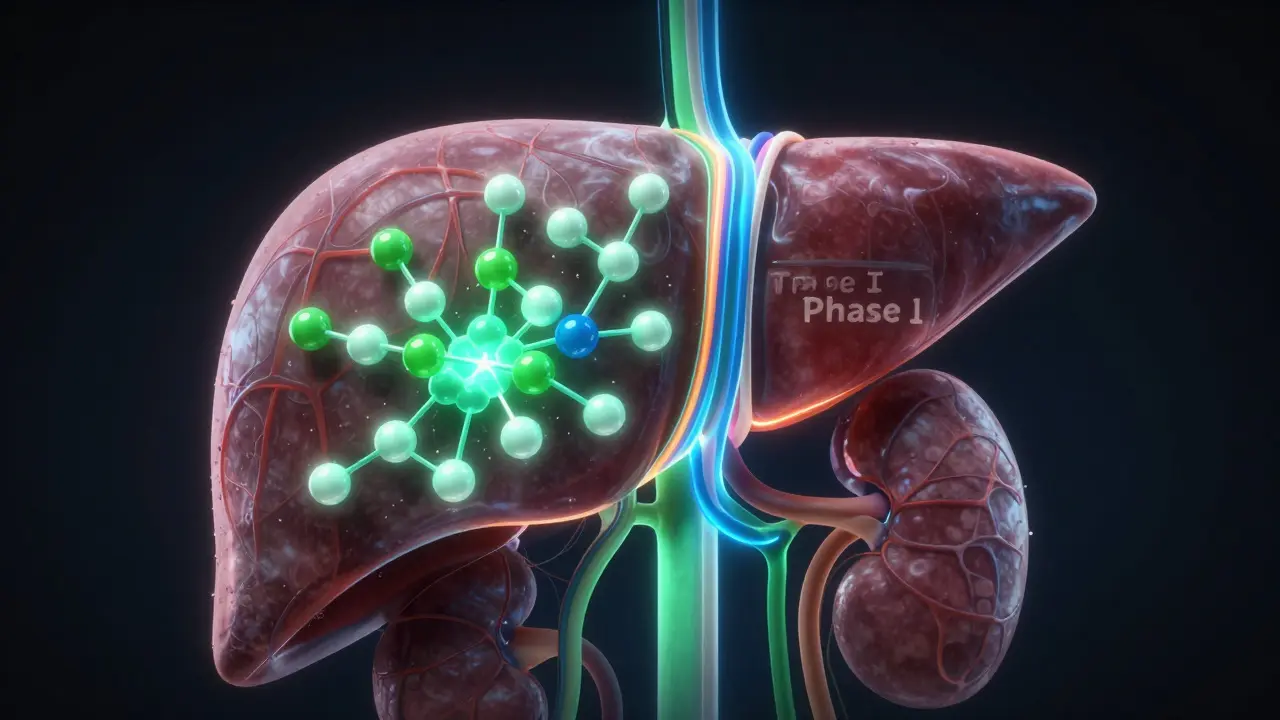 Abstraktní obrázek játry s tokem detoxikačních enzymů a výstupem do ledvin a lymfatického systému.
