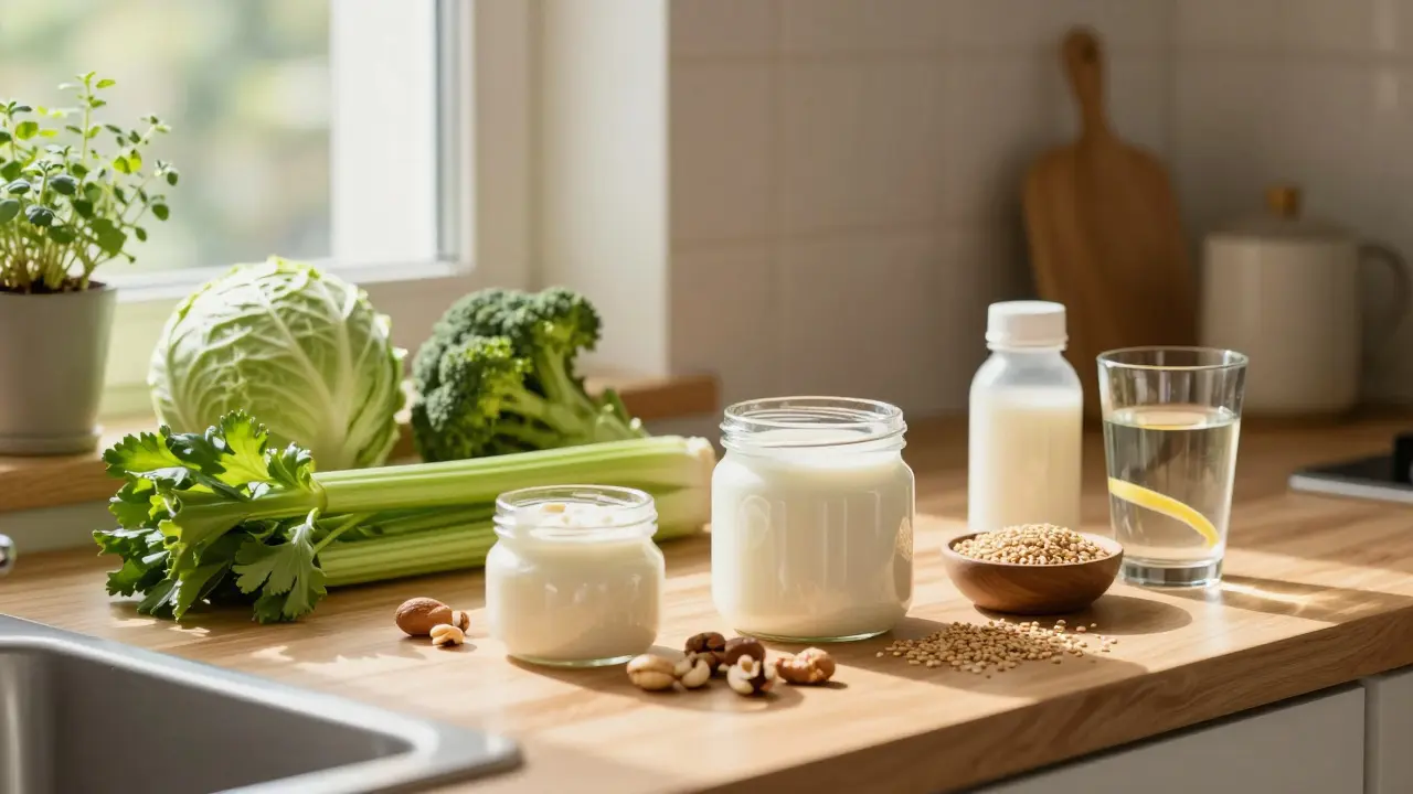 Česká kuchyně s čerstvou zeleninou, fermentovanými potravinami a probiotiky připravenými na přírodním dřevěném stole.