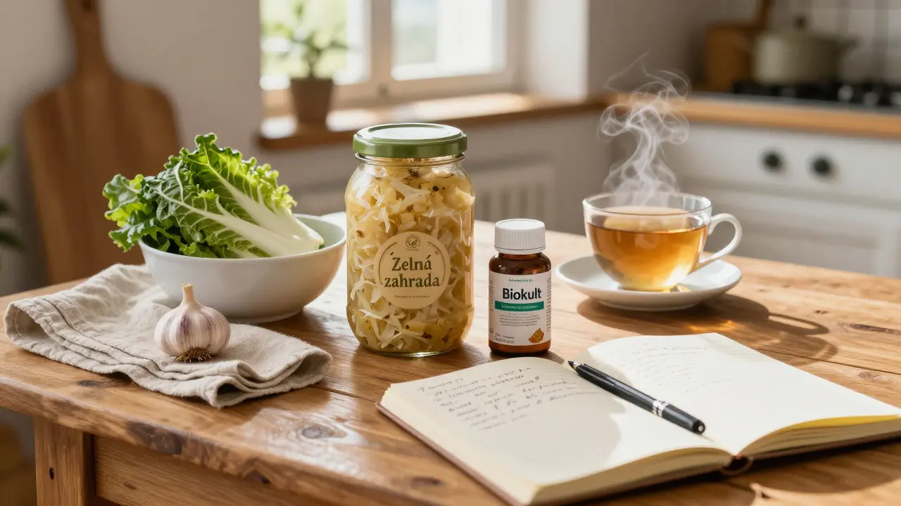Česká kuchyně s domácími kvasenými potravinami, probiotikem Biokult a zeleninou na dřevěné stolu.