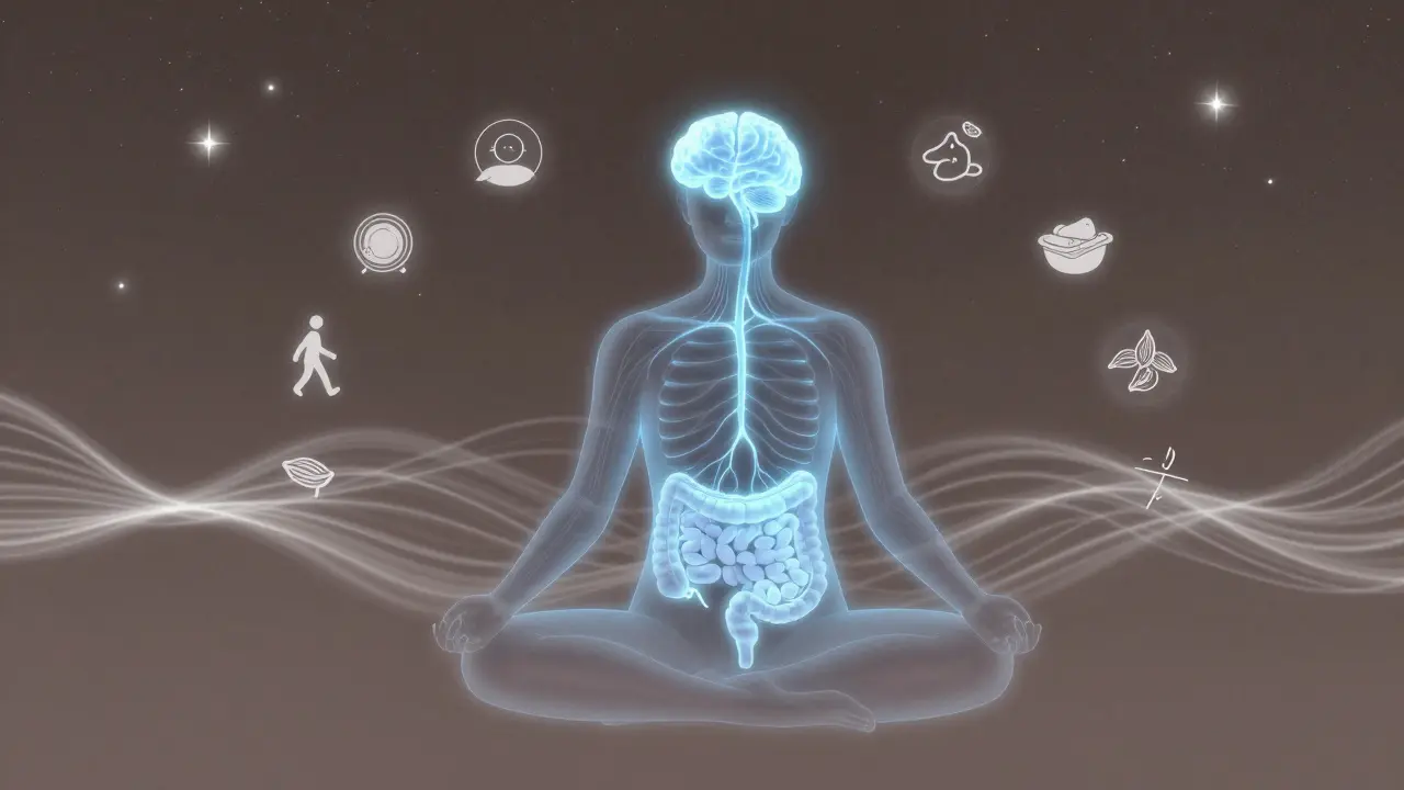 Člověk meditující pod hvězdnou oblohou, jeho střevo a nervový systém září v modré světlosti.