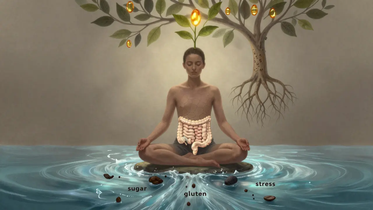 Člověk v meditaci s obnoveným střevním sliznicí pod břichem a čistým tokem vody, který odnáší škodlivé látky.