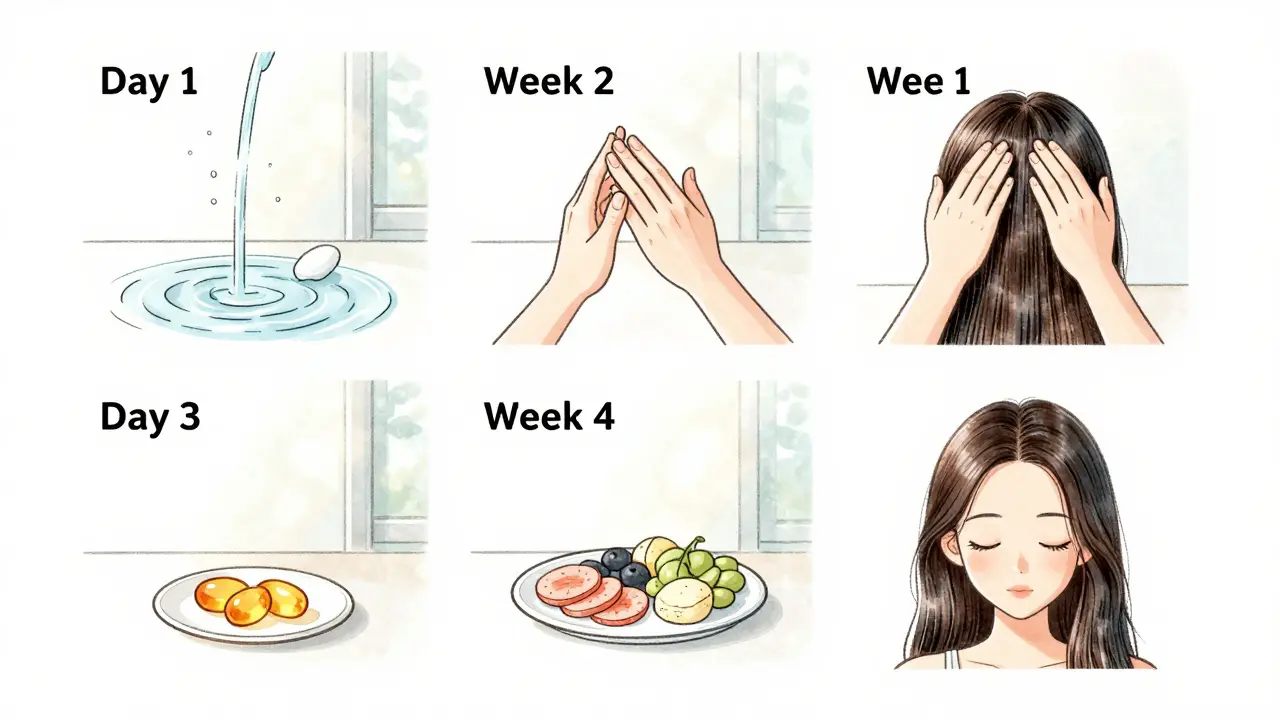 Čtyři obrazové fáze léčby ekzému hlavy během čtyř týdnů: od přestání mytí až po zklidnění kůže.