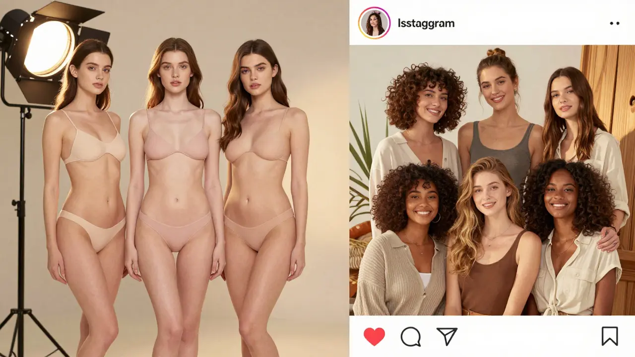 Dvě části obrázku: klasická reklama z roku 2015 a moderní Instagramový příspěvek s přirozenými těly.