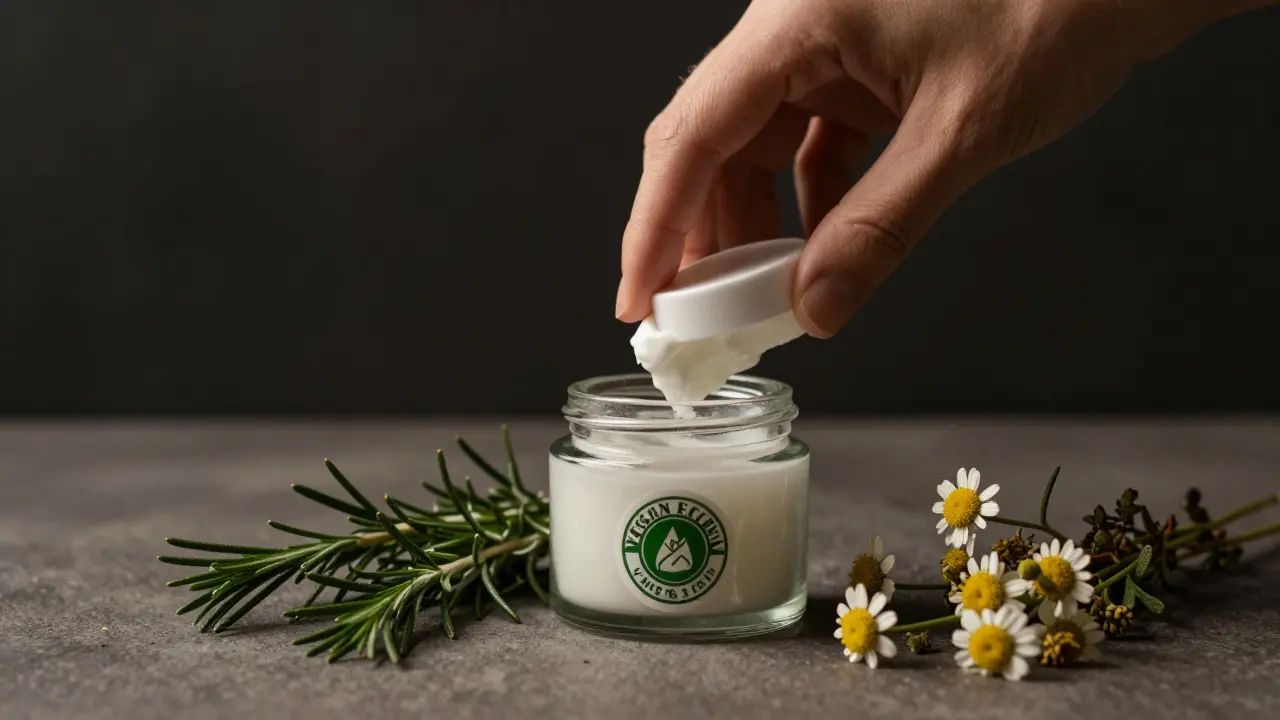 Hand placing certified vegan cosmetic product into reusable jar surrounded by organic herbs.