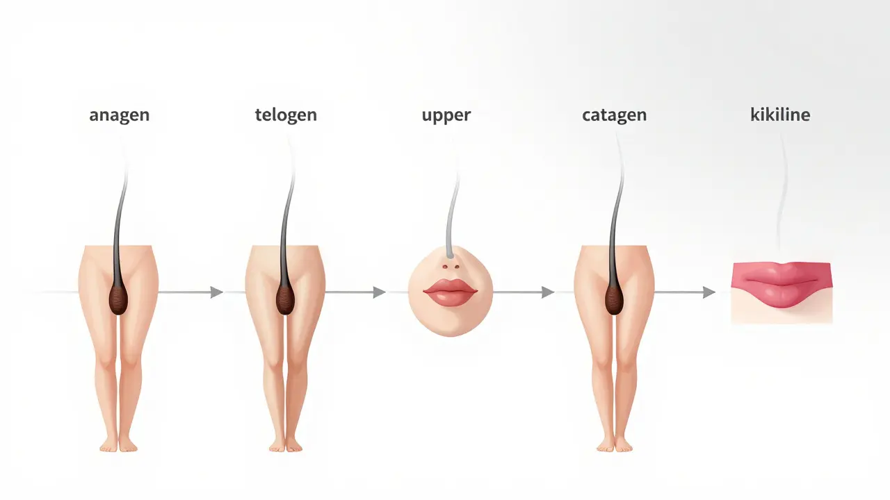 Ilustrace cyklů růstu vlasů na různých částech těla s barevnými fázemi růstu a klidu.