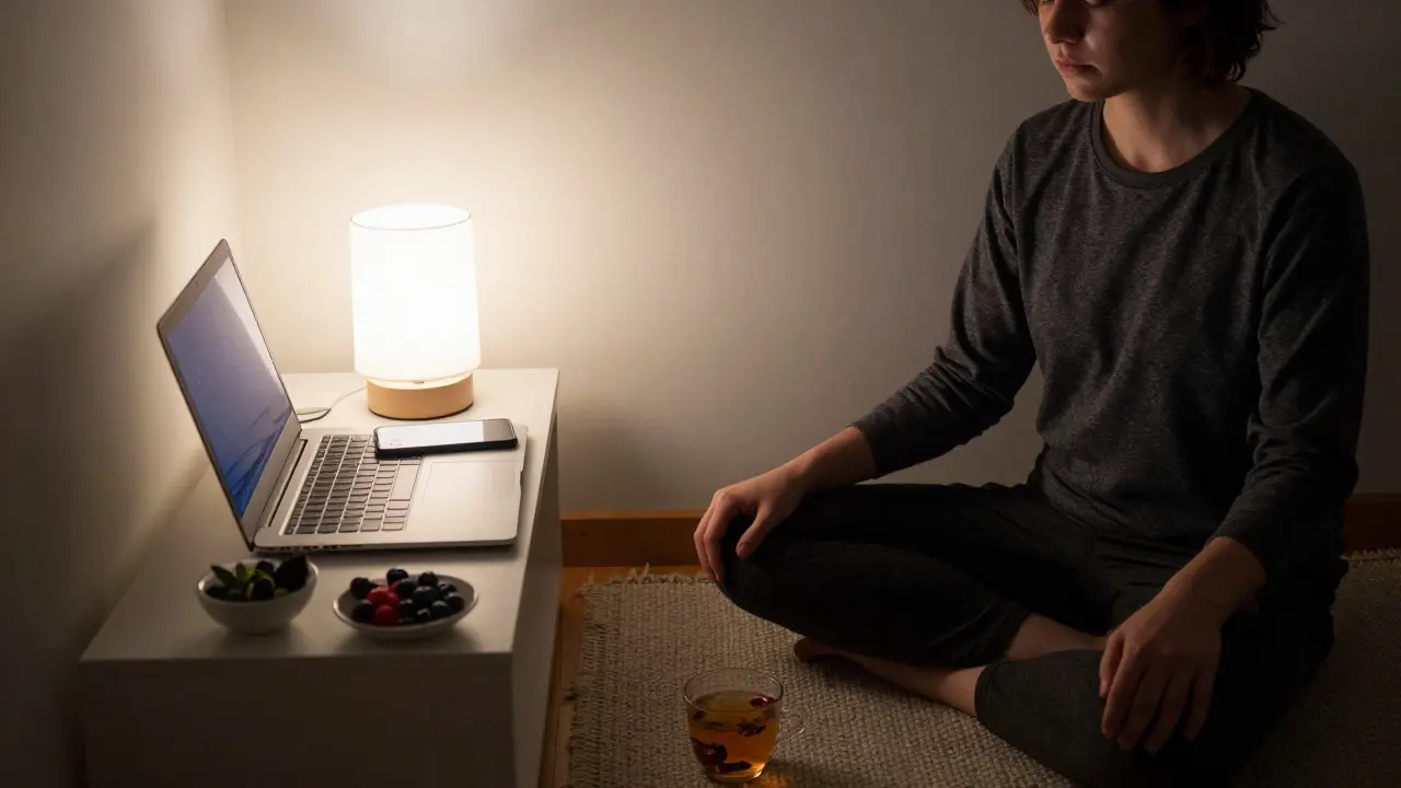 Osoba sedí v klidu s vypnutými zařízeními ve výrazně uklizeném prostoru.