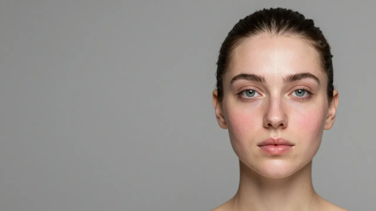 Porovnání obličeje před a po ledování: snížení otoků a zklidnění pokožky.