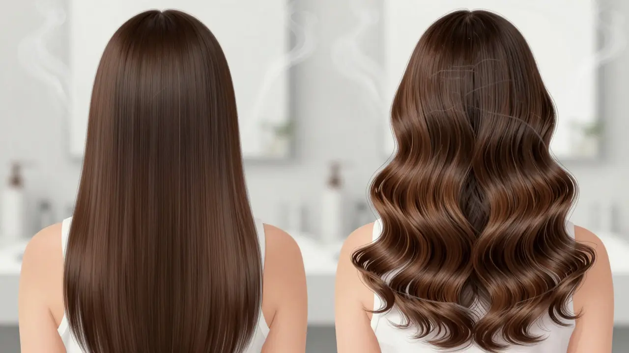 Přechod vlásů od hladkého vzhledu k přirozeným vlnám po vyblednutí keratinu.