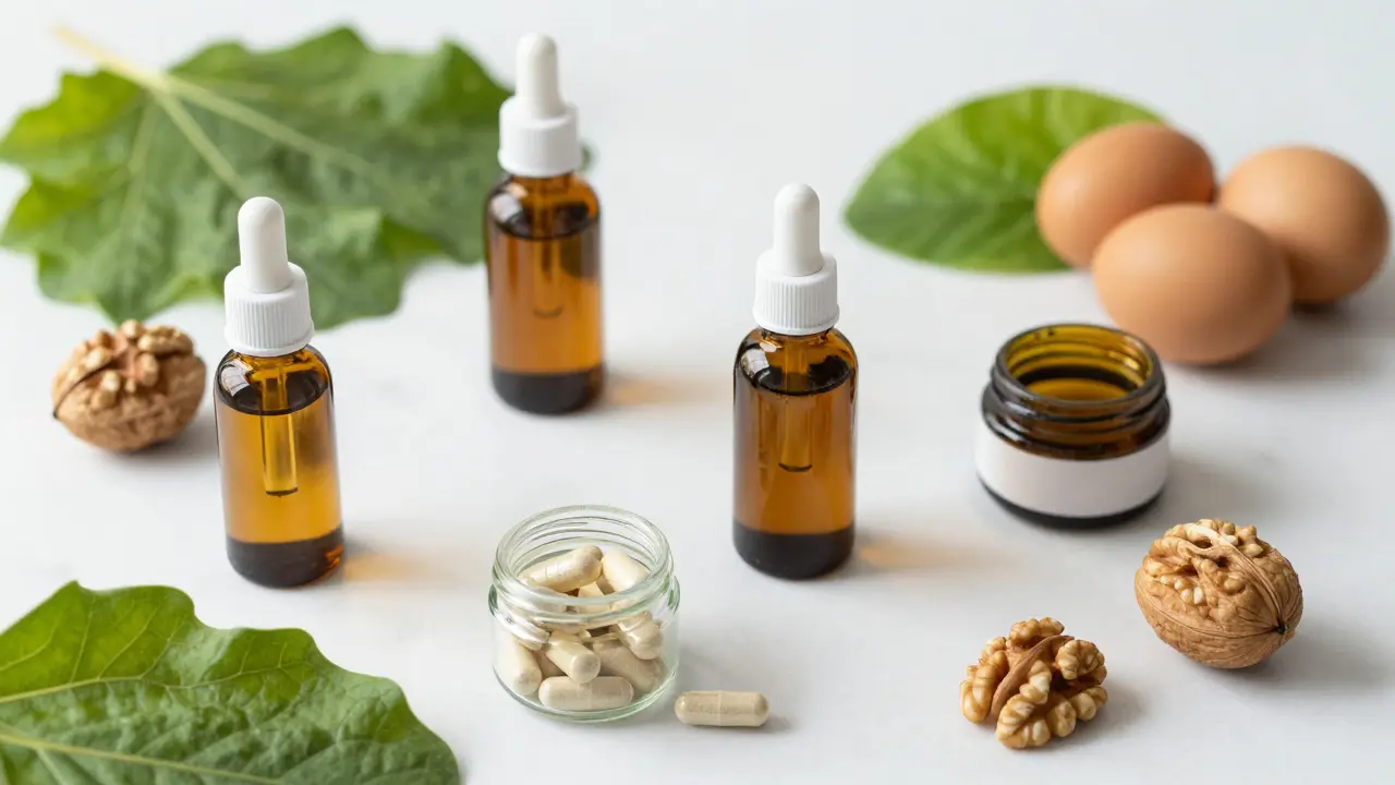 Produkty na péči o vlasy a vitamíny na mramorovém pultu