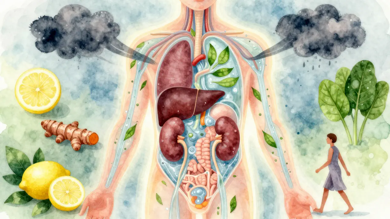 Průhledný lidský orgán s proudy čistoty a přírodních prvků.