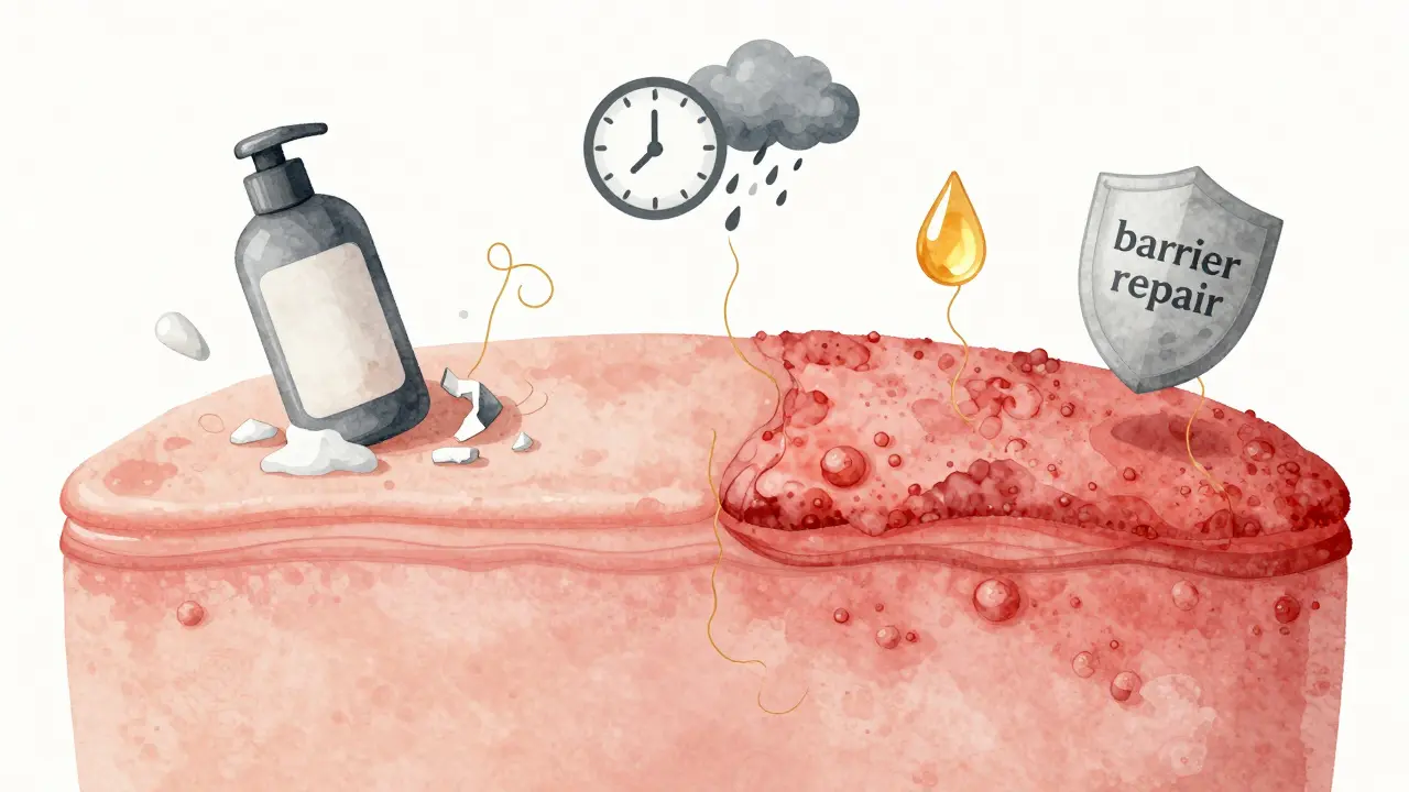 Rozdělená kůže hlavy: jedna strana zdravá, druhá zánětlivá s šupinkami, kolem symboly léčby a příčin ekzému.