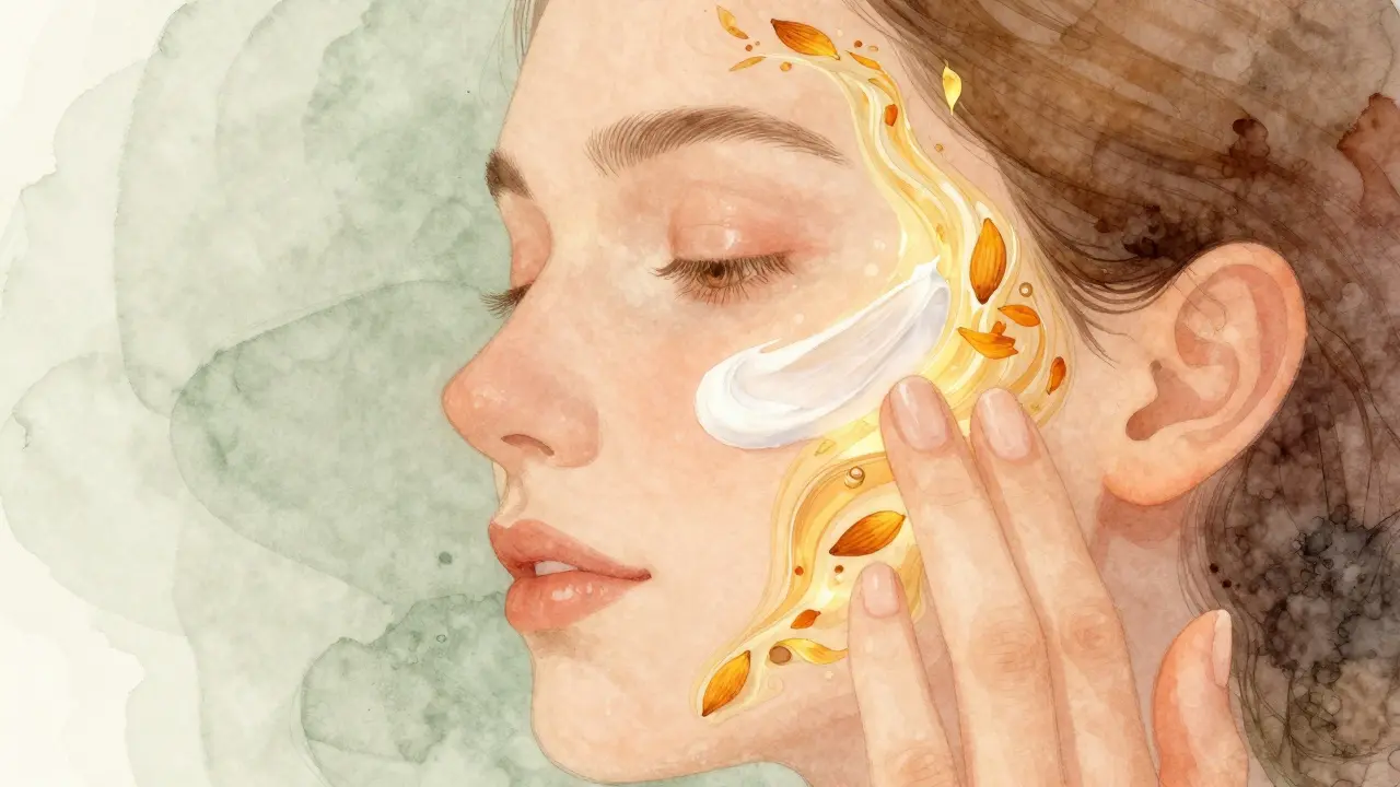 Ruka aplikující krém Weleda Skin Food na kůži, s přírodními látkami se vstřebávajícími do pokožky.