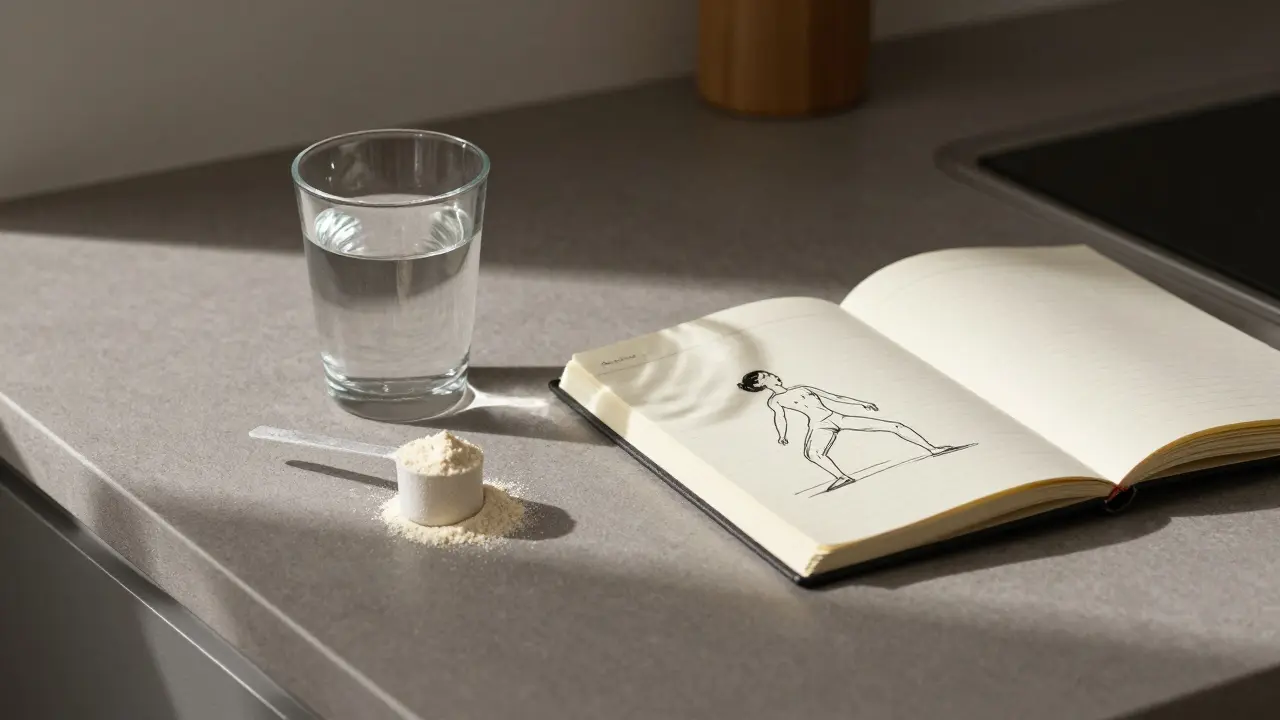 Sklenice vody, prášek rybího kolagenu a sešit s cvičeními pro kyčli na kuchyňském stole.