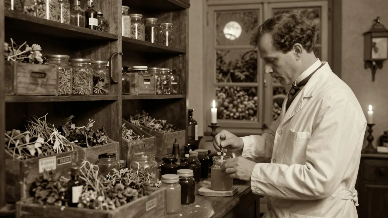 Starožitná lékárna z roku 1921 ve Švýcarsku, kde lékárník plní skleněné lahve přírodními přípravky.