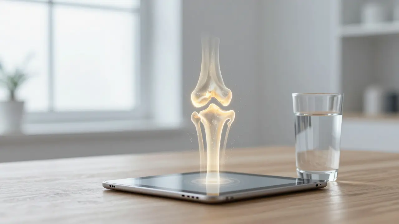 Tablet kolagenu typu 2 s těkavými částicemi tvarujícími klouby.