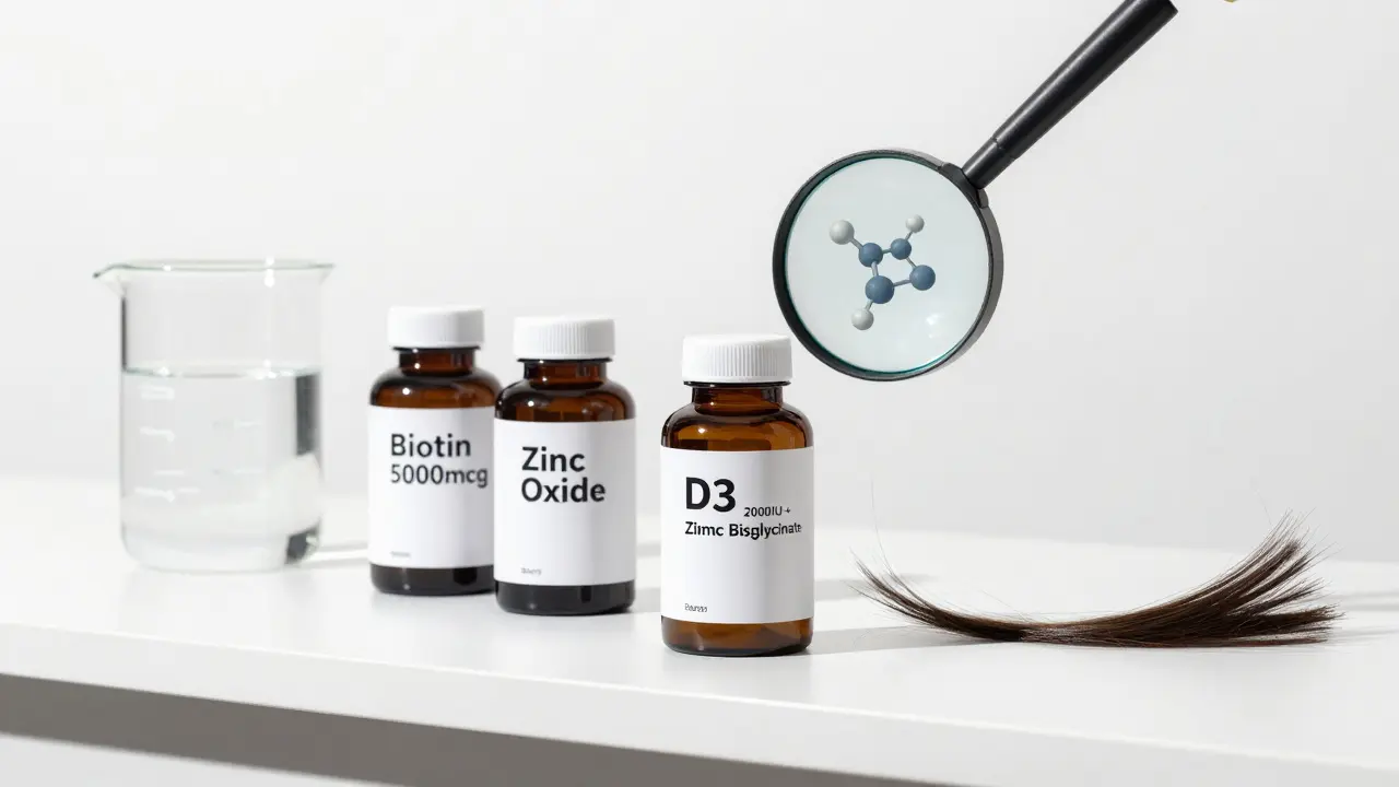 Tři láhve s doplňky stravy, jedna správně označená, s molekulární strukturou a vlásním příkladem.