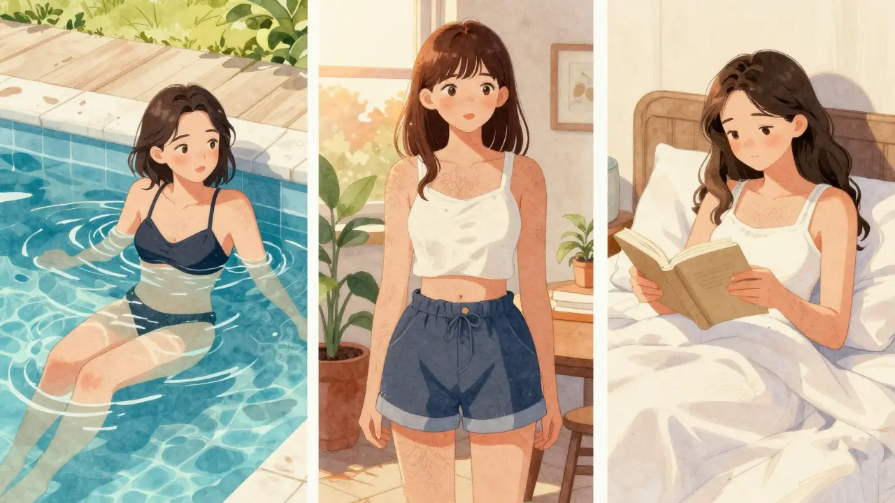 Tři teenagery s přirozenými vlasinky v různých situacích — žádný tlak, jen volba.