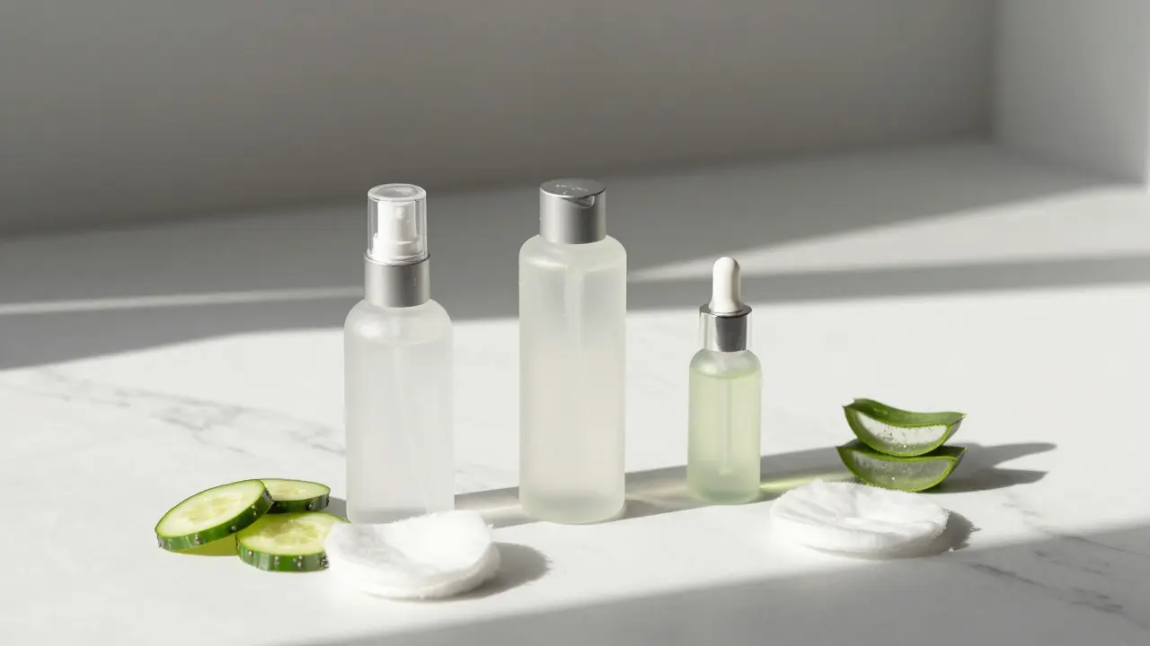 Uspořádané produkty pleťové péče na mramoru