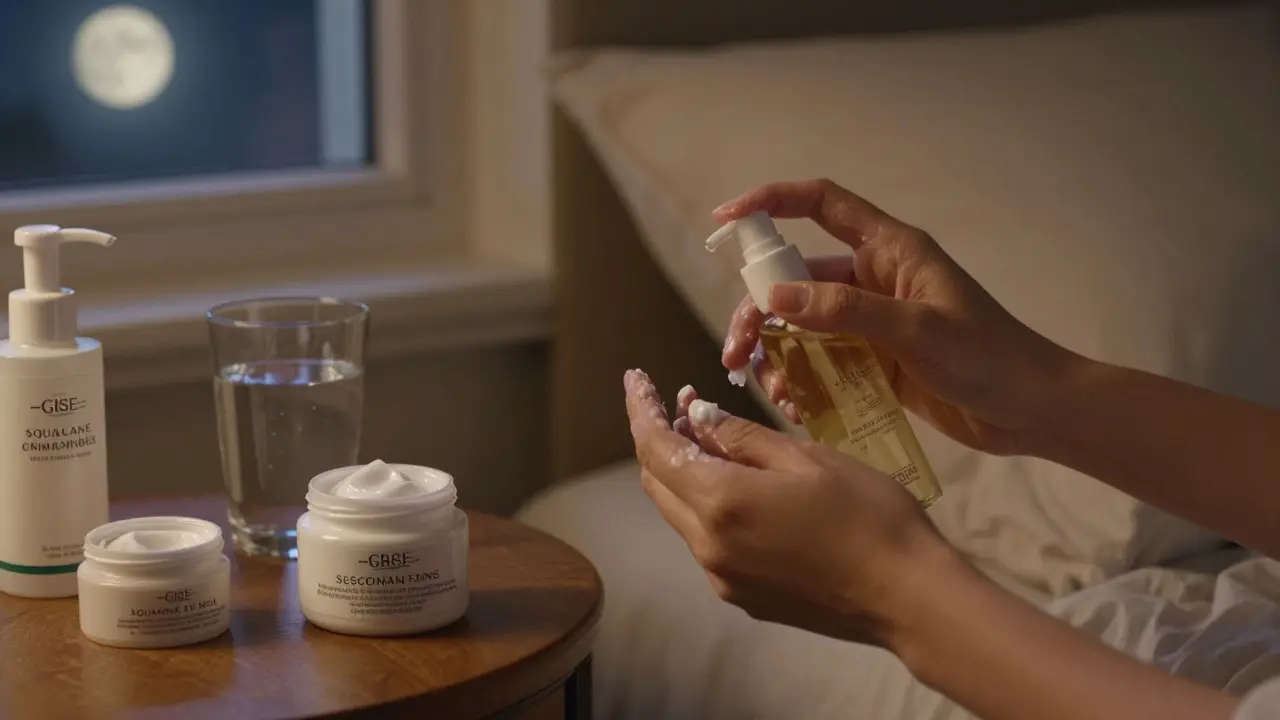 Večerní péče o pleť: ruce nanášejí noční krém, sklo vody na nočním stolku, klidné osvětlení a přírodní materiály.