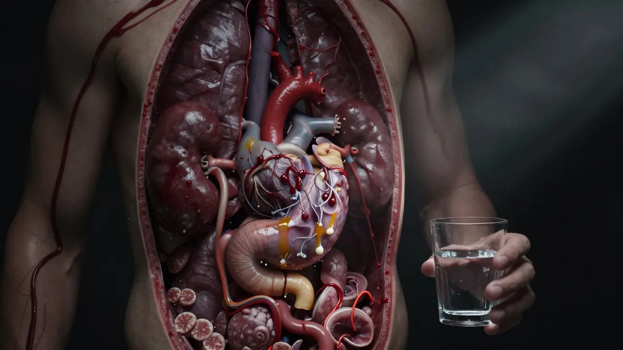 Vnitřní orgány těla poškozené alkoholem: žaludek, pankreas, ledviny a srdce, s jedním sklenicí vody v pozadí.