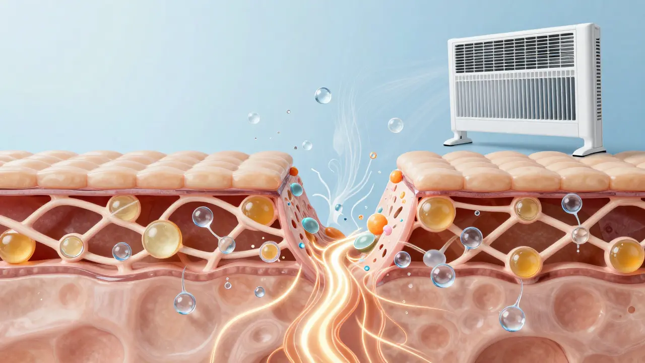 Vnitřní struktura kůže s lipidovou bariérou z ceramidů a mastných kyselin, která zadržuje vodu, zatímco škodlivé činidla ničí bariéru.