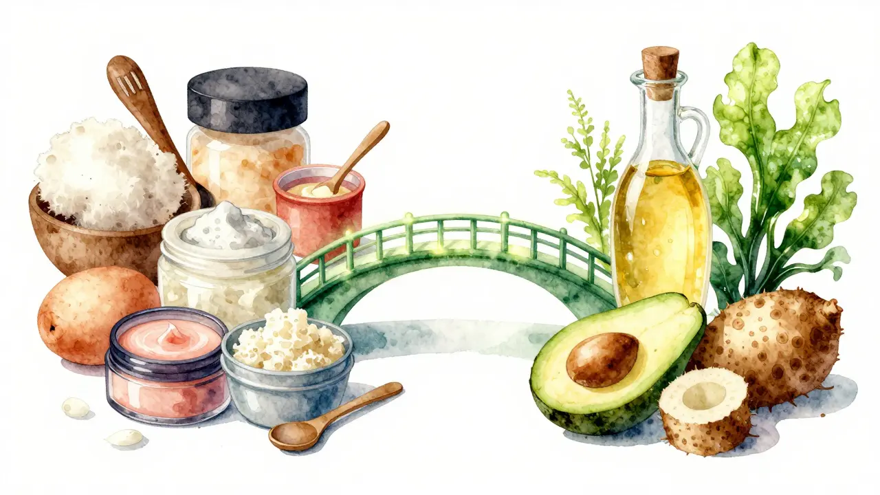 Watercolor illustration comparing animal-based cosmetics to plant-based alternatives with a green symbolic bridge.