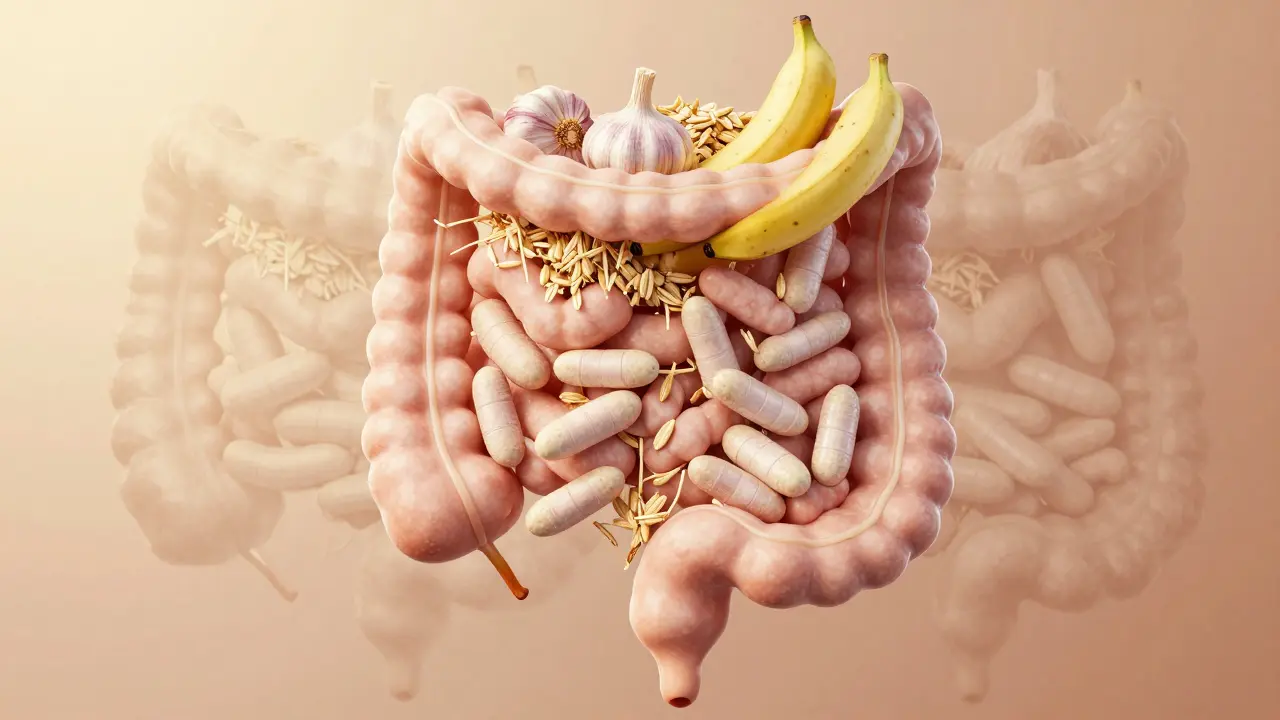 Zdravé střevo s vlákninou a laktobacily v teplém zlatém světle, v kontrastu s vyprahlým trávicím traktem.