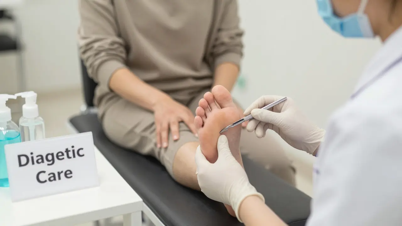 Zdravotní sestra opatrně vyšetřuje nohu pacientky s diabetem ve sterilitním prostředí.