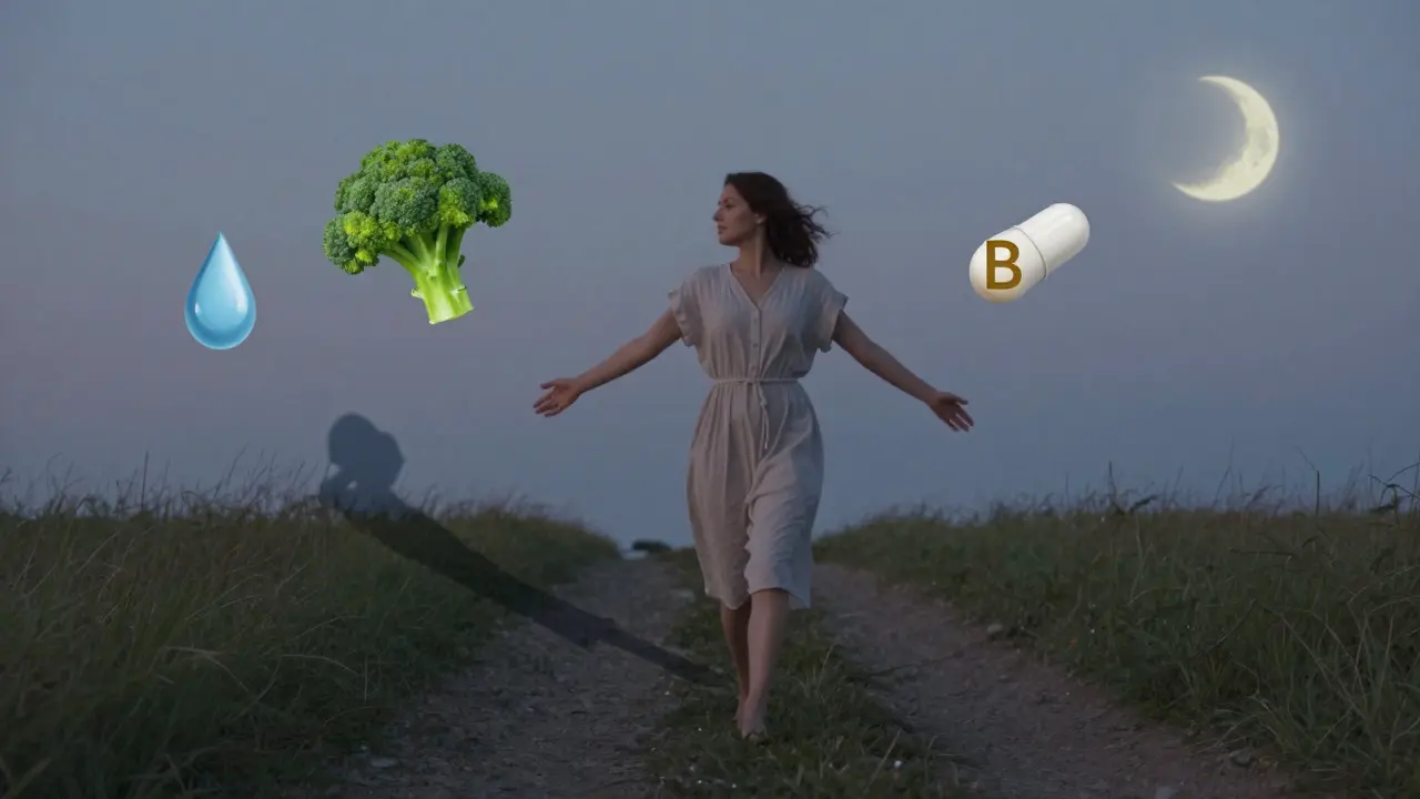 Žena kráčí v šeru, kolem ní plavou symboly přírodní podpory hormonální obnovy.