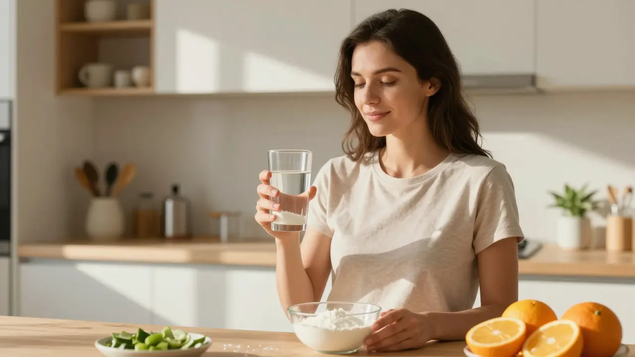 Žena připravuje ranní nápoj s doplňky ve sluneční kuchyni.