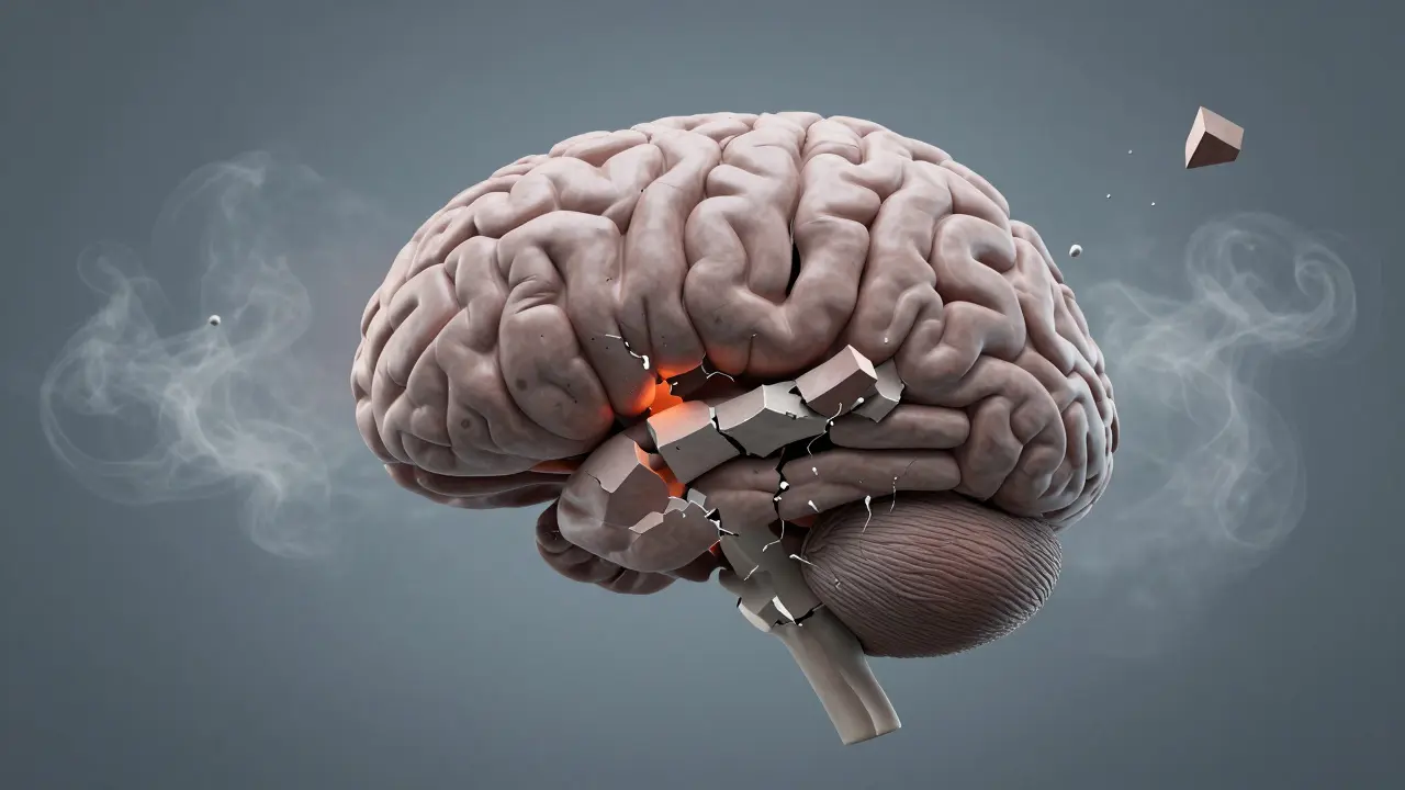 Zmenšující se mozek s rozpadajícími se nervovými buňkami, okolí zatížené alkoholovou parou.